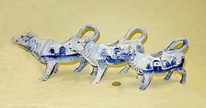 3 large German porcelain delft cow creamers