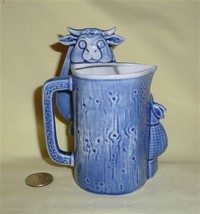 Blue S&V pitcher of cow caricature being milked, front