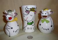 1958 Howard Hold cow creamer, sugar, and milk tumbler