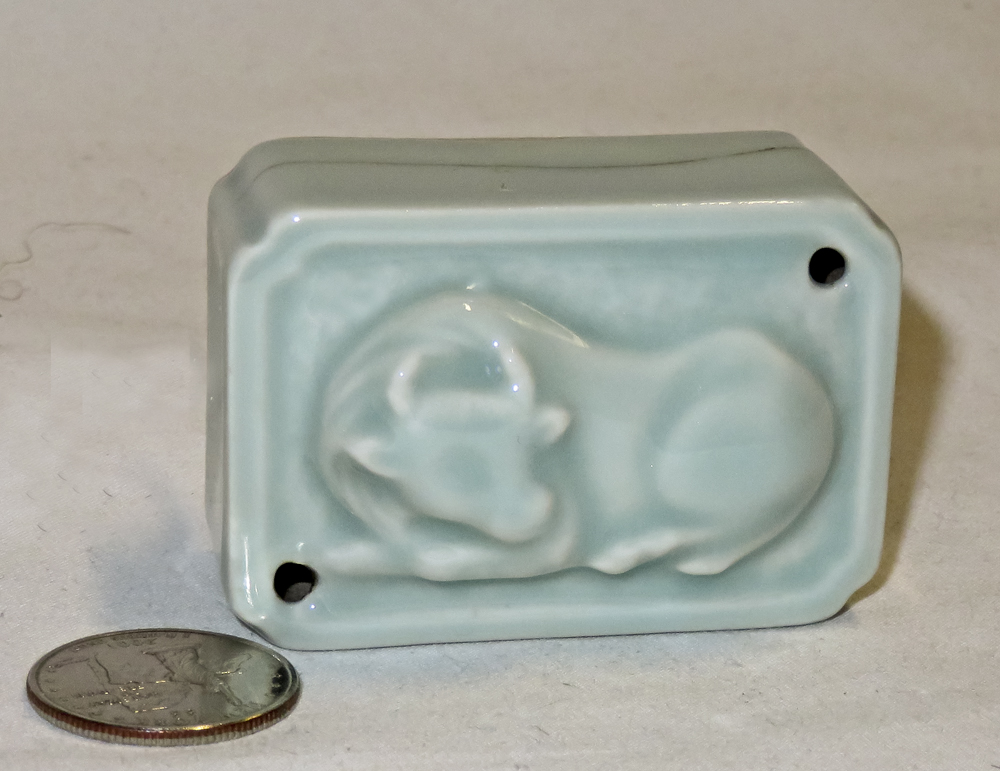 Japanese ceramic rectangular suiteki with bull
