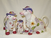 Lady cows with pearls and fancy hats teapot set