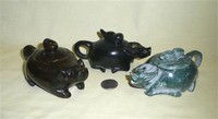 Three smnall stone or jade Chinese water buffalo teapots